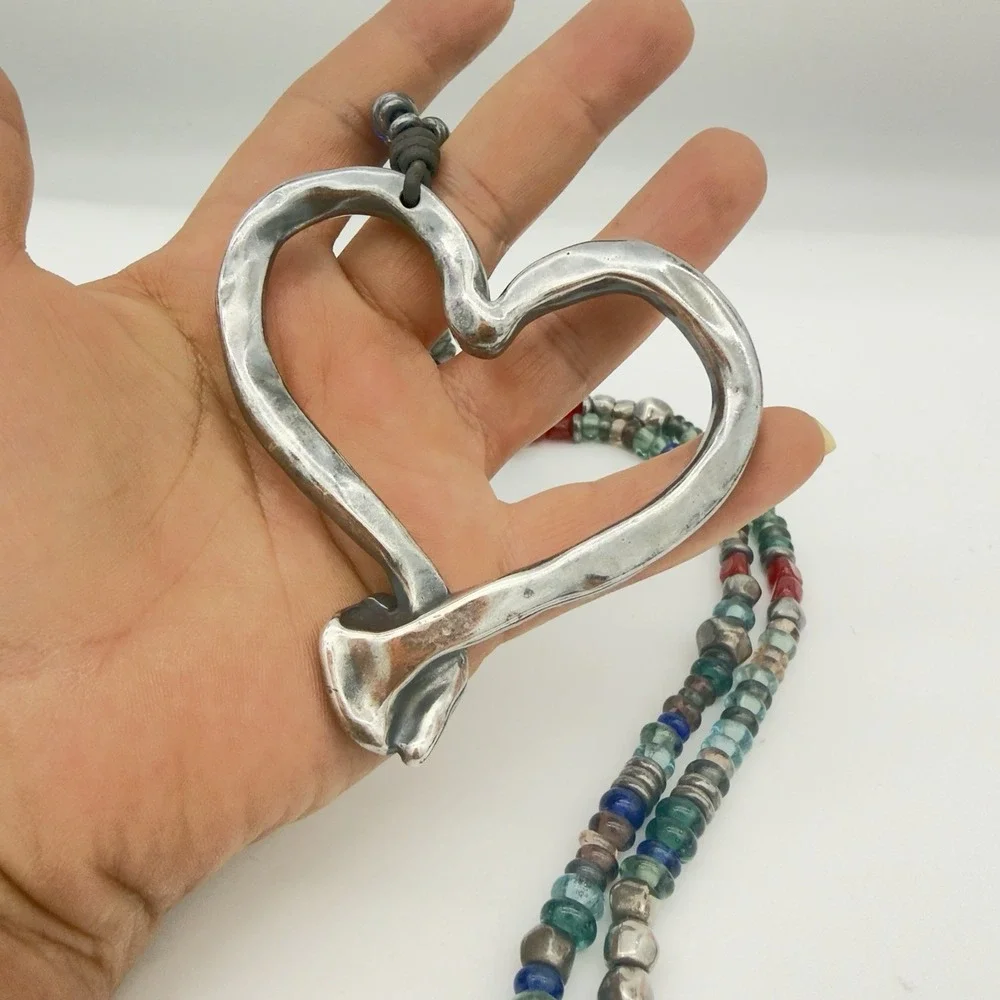 Uno de 50 Statement Necklace Bare Heart Multicolor Glass Beaded Modernist Chunky